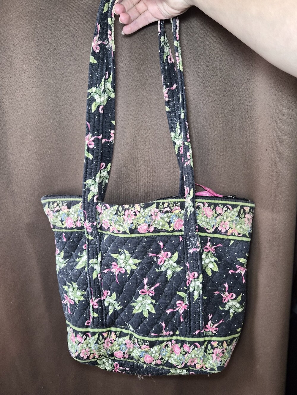 Vera Bradley Quilted Floral Tote Bag in Black and Pink